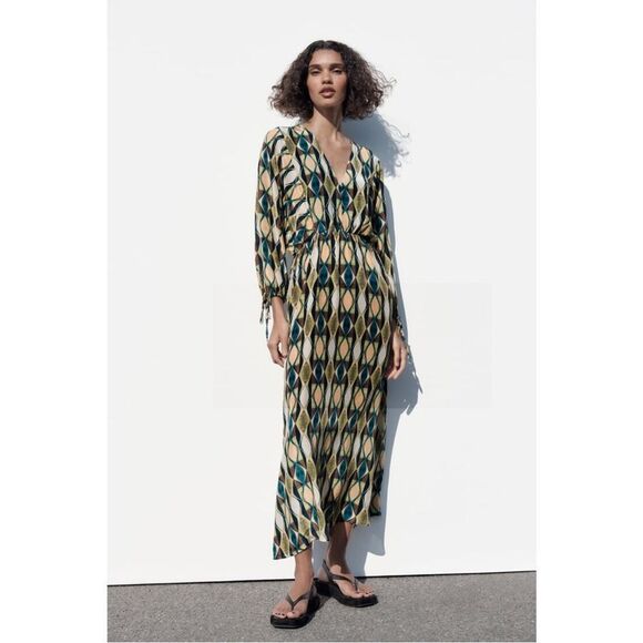 Zara Geometric Print Sateen Maxi Dress Green Blue Tan Long Sleeve Small - Picture 1 of 13
